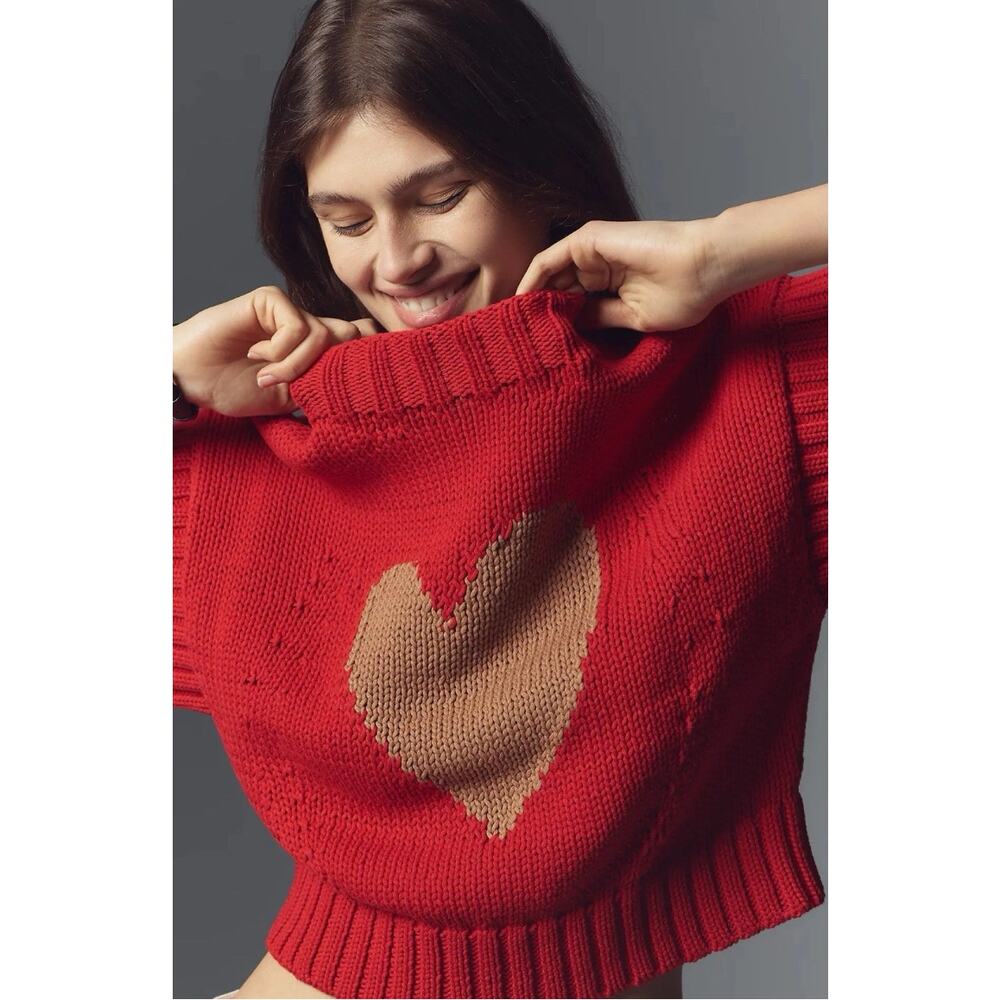 Anthropologie Maeve The Pippa Mock-Neck Sweater XS Red Preppy dopamine dressing